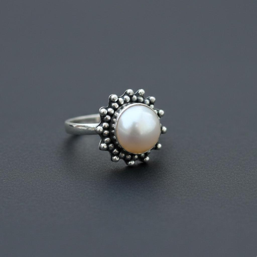 White Pearl Flower Ring, 925 Sterling Silver Jewelry, Handmade Minimalist Statement Boho Gemstone Ring