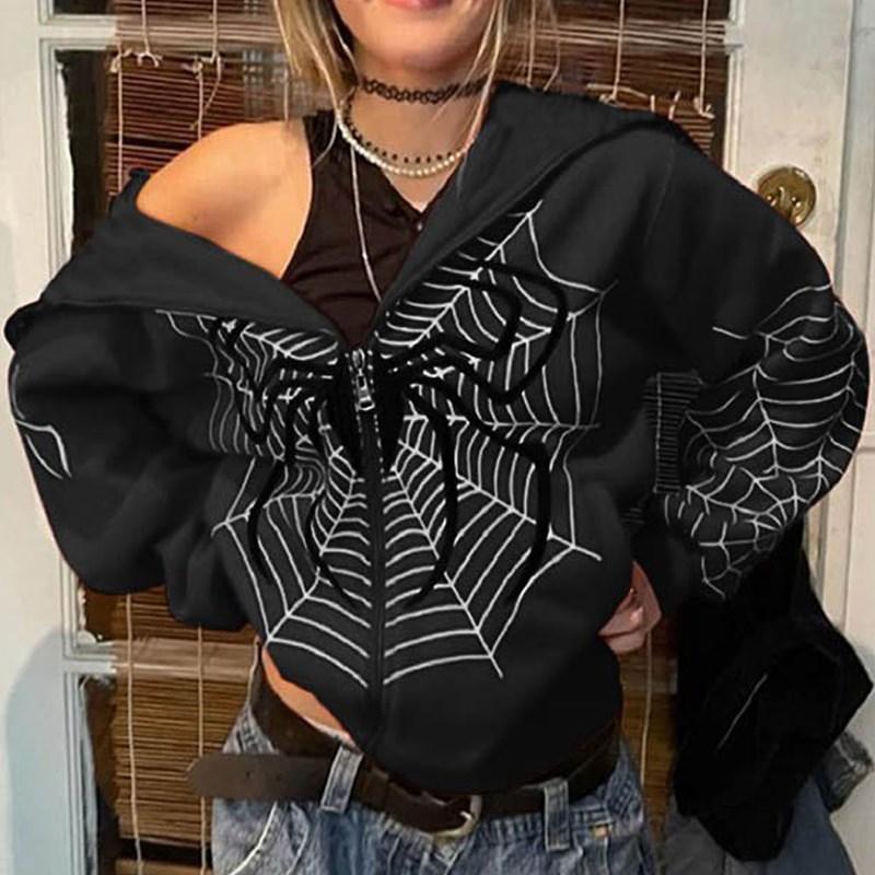 Hettegenser Dark Spider web trykt Goth Black hettegenser sweatshirt glidelås Oversized jakke Herre og kvinner Hettegenser streetwear Streetwear