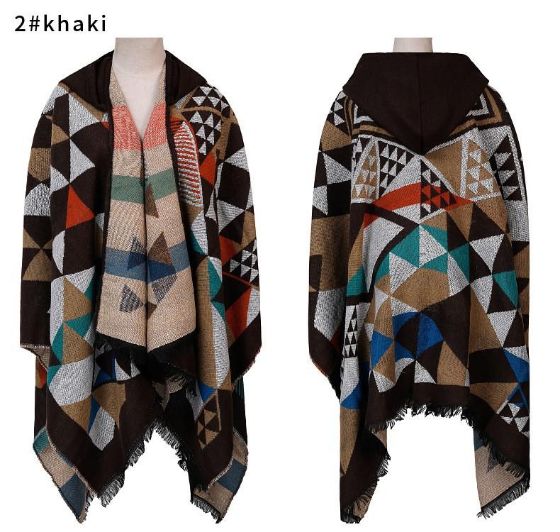Hooded Cape Shawl Women'S Plaid Winter Warm Knitted Shawl Scarf Shawl Dual-Purpose