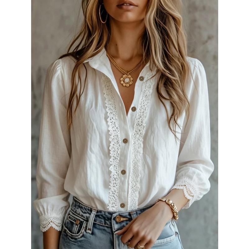 Lace Patchwork Vintage Collar V Neck Long Sleeve Button Shirt