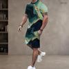 Men Plus Size Round Neck Short Sleeve Cyan Colorful Striped Printed T Shirt And Pocket Shorts Two Piece Set