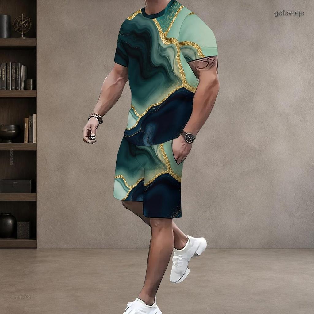 Men Plus Size Round Neck Short Sleeve Cyan Colorful Striped Printed T Shirt And Pocket Shorts Two Piece Set