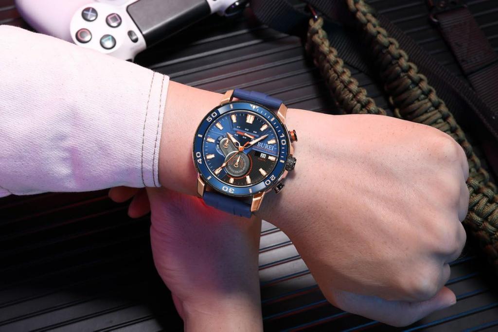 BUREI Watch Analog Quartz Watch Chronograph Urethane Strap Stainless Steel Dial Date Waterproof Blue Fashionable Green Watch Gift Men's