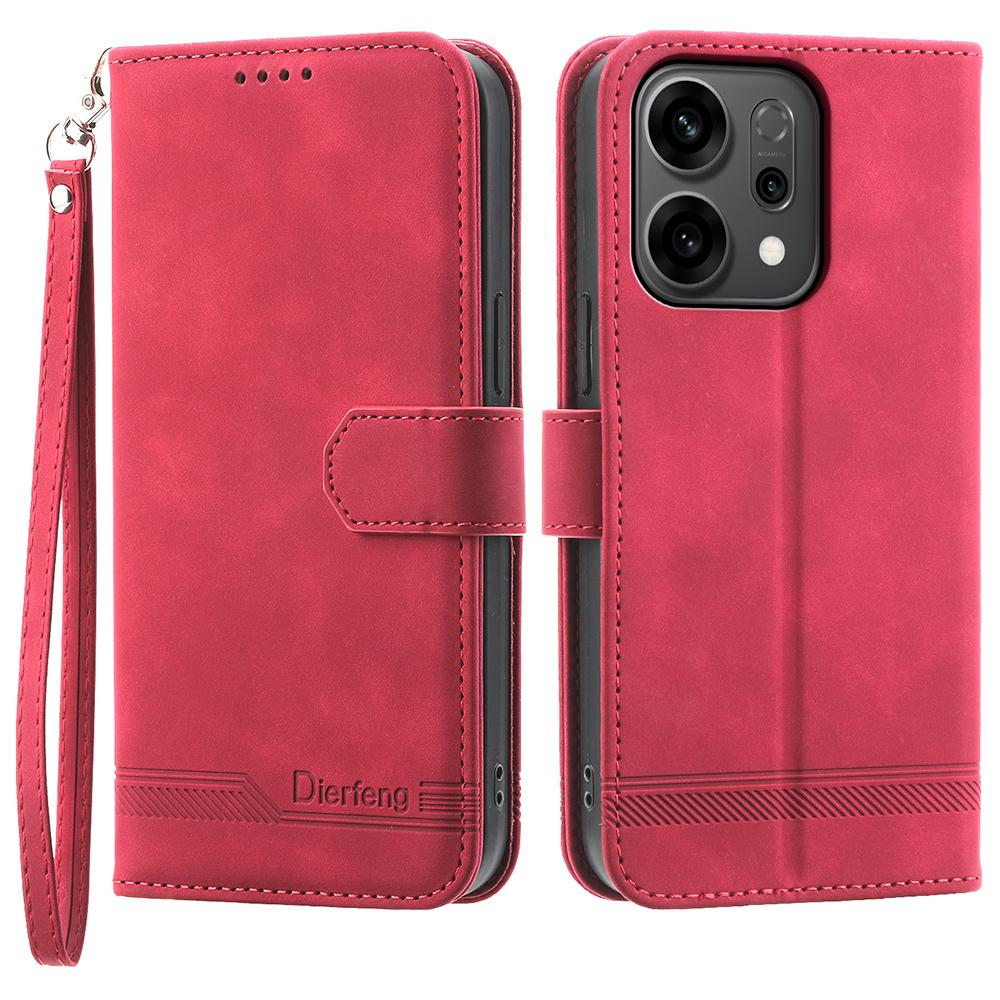 DIERFENG DF-03 For Oppo Reno14 F 5G Case Lines Imprint Wallet Leather Phone Cover with Wrist Strap