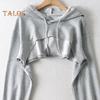 Women Short Hoodie Irregular Solid Color Hooded Long Sleeves Drawstring Elastic Cuff Loose Individual Sport Streetwear Daily Top