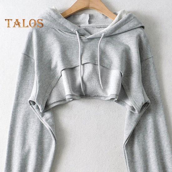 Kurzer Hoodie für Damen, unregelmäßige, einfarbige Kapuze, lange Ärmel, Kordelzug, elastische Manschette, lockeres individuelles Sport-Streetwear-Oberteil für den Alltag