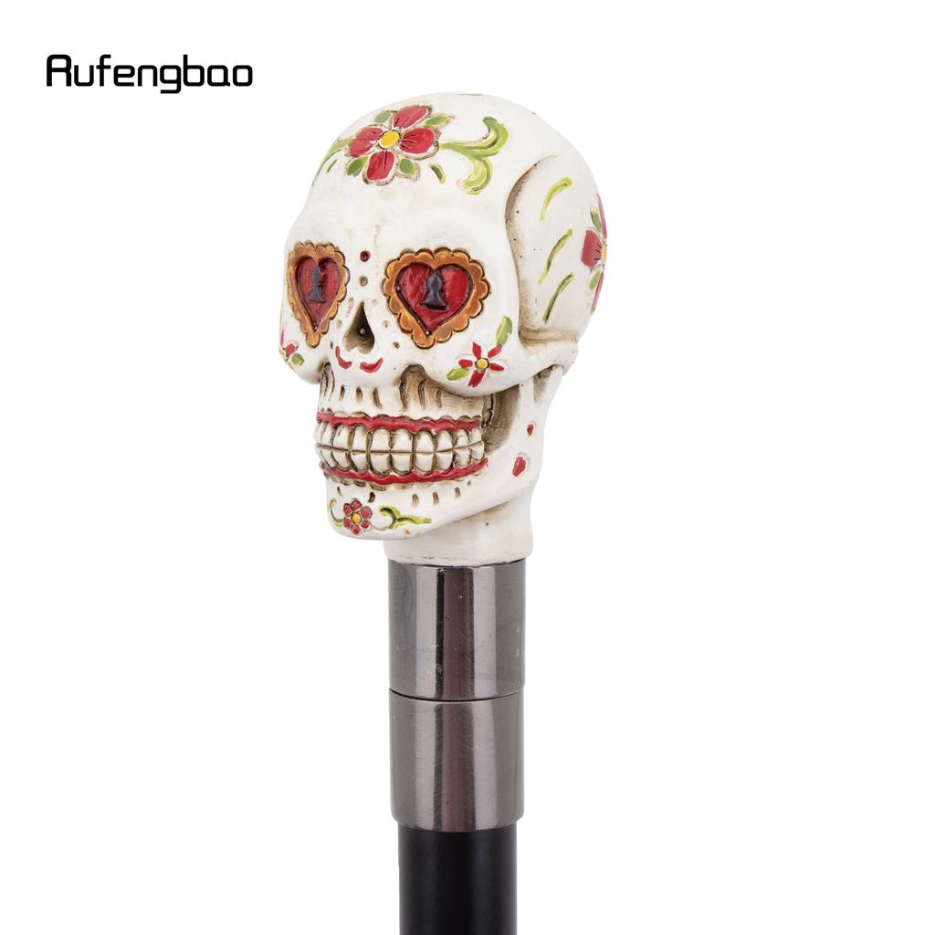 White Resin Red Flower Skull Head Walking Cane Fashion Decorative Steel Stick Gentleman Elegant Cosplay Cane Knob Crosier 94cm