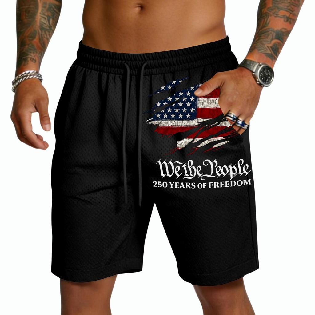 Pantalones Cortos de Malla para Hombre con Cintura de Cordón y Gráfico de Bandera We The 250 Años de Estilo Holgado
