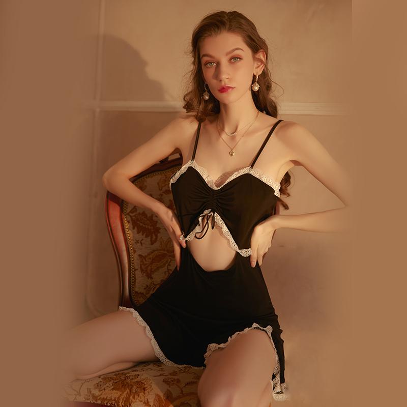 Sexy Pajamas Women's Underwear Autumn and Cold Season Backless Suspender Pajamas Hollow Lace Nightgown for Women's
