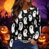 Women's Halloween Print Long Sleeve Top Crew Neck Split Hem Casual Pullover Shirt Lightweight Comfortable Fit