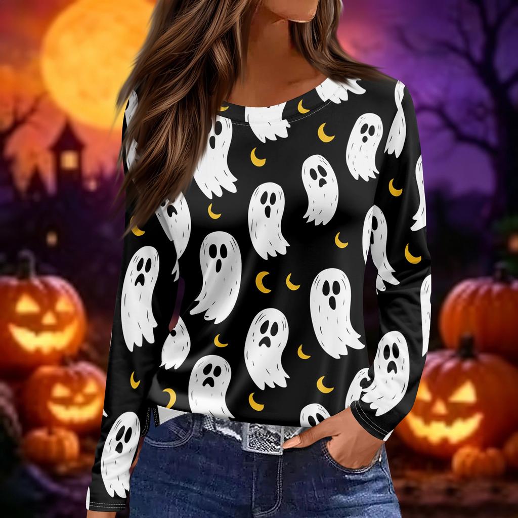 Women's Halloween Print Long Sleeve Top Crew Neck Split Hem Casual Pullover Shirt Lightweight Comfortable Fit
