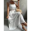 Abito midi da donna senza maniche con scollo quadrato, aderente a metà vita, tinta unita, pizzo traforato, patchwork, elegante, da commuting, estivo