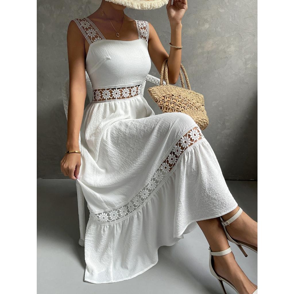 Abito midi da donna senza maniche con scollo quadrato, aderente a metà vita, tinta unita, pizzo traforato, patchwork, elegante, da commuting, estivo