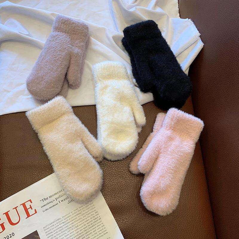 Winter Gloves for Women Korean Version Solid Color Thickened and Velvet Imitation Mink Hair Cycling Students Warm Mittens