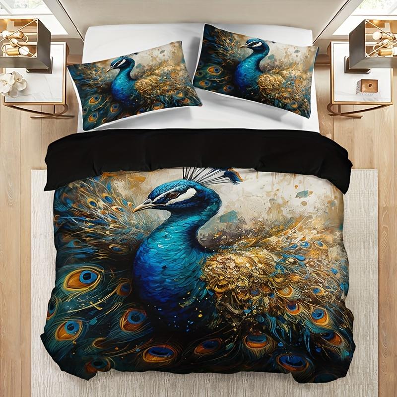 3pcs Duvet Cover Set, 1 Duvet Cover + 2 Pillowcases (No Inserts), Home & Dormitory High-Definition Printed Golden Peacock Floral