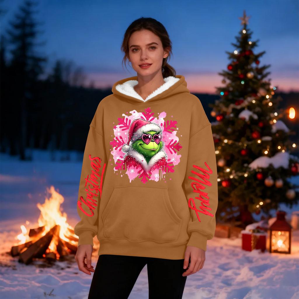 Damen Casual Mode Plus Samt Verdicktes Weihnachtsdruck Kapuzensweatshirt