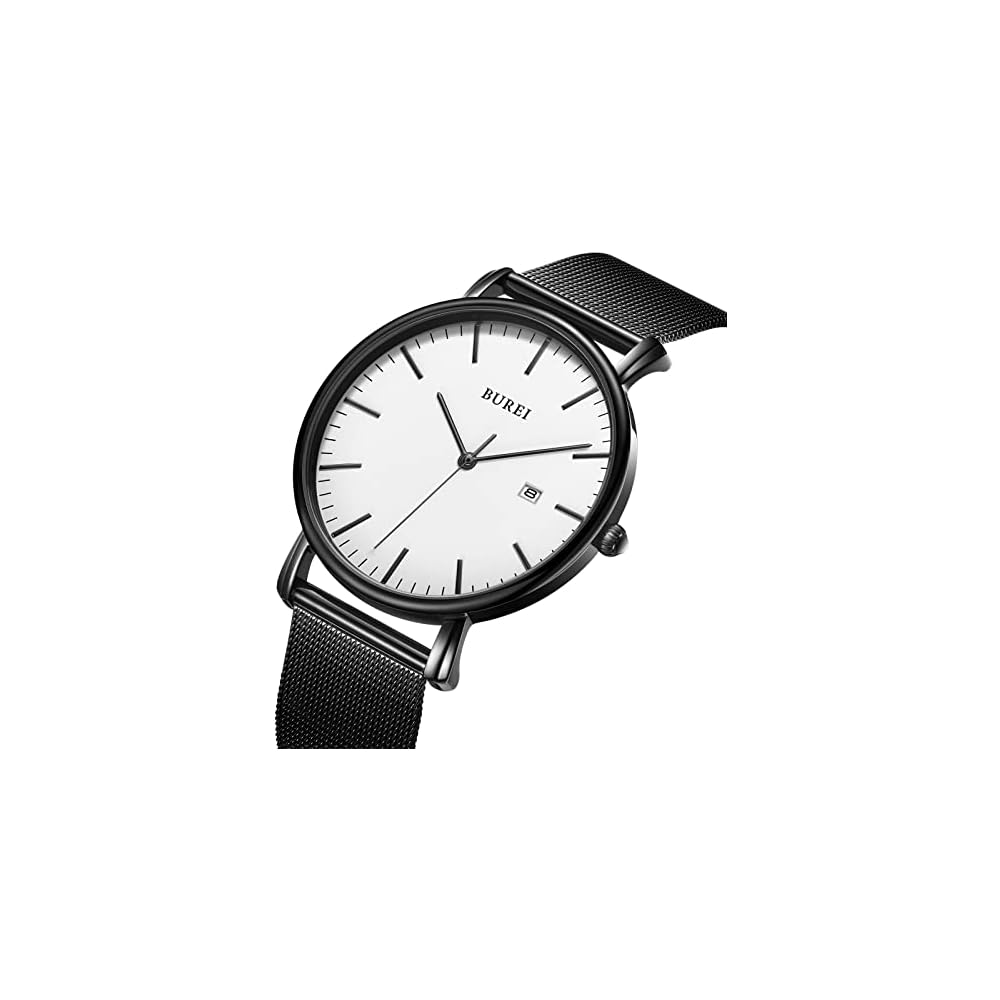 BUREI Men's Analog Watch Waterproof Simple Milanese Mesh Strap White Black