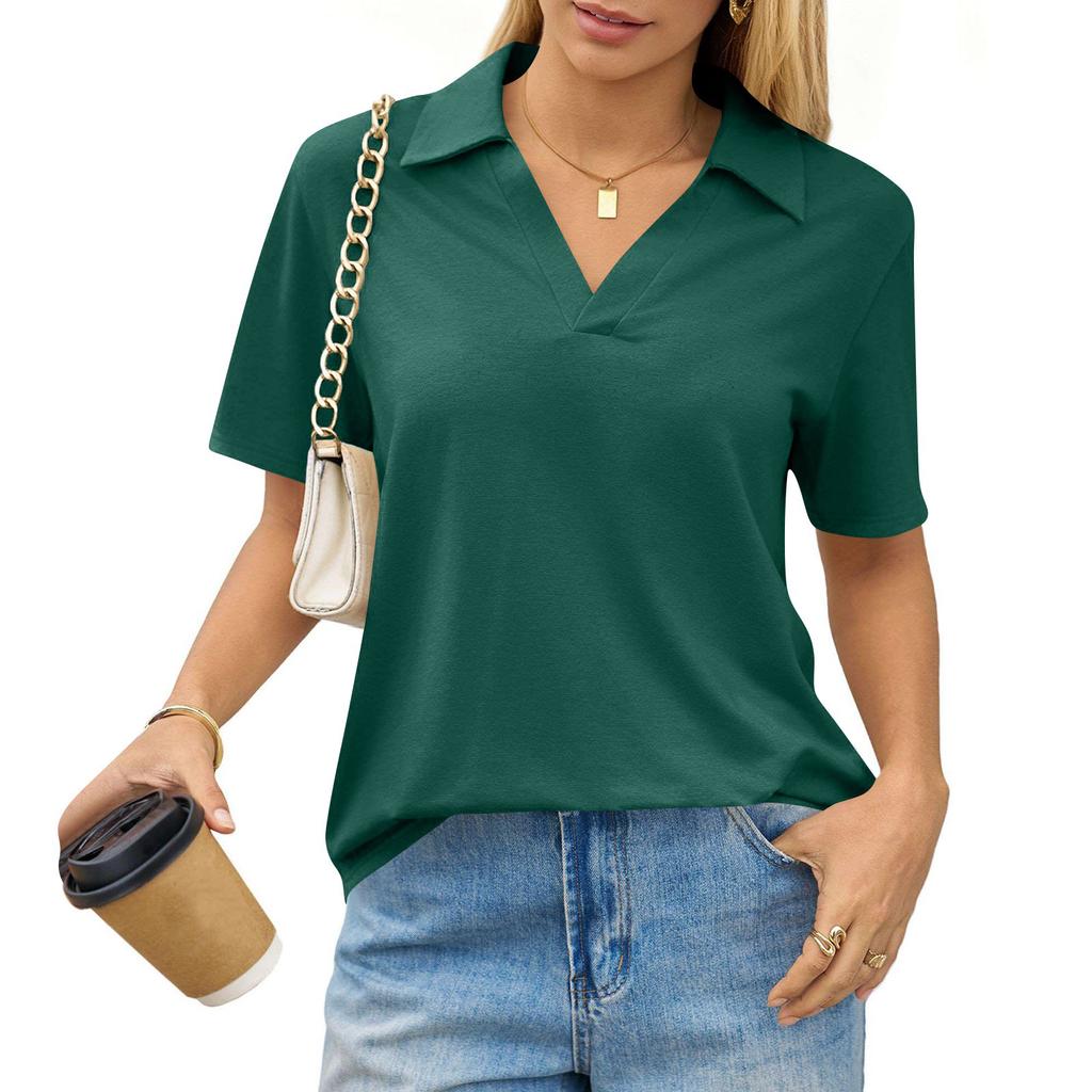 Women's Fashion Casual Lapel Short Sleeve Solid Color Shirt Women's Up Tops