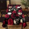 1pc Soft, Fashionable and Elegant Gothic Rose Skull Tablecloth - Black Background with Red Roses and White Skull Patternxzj