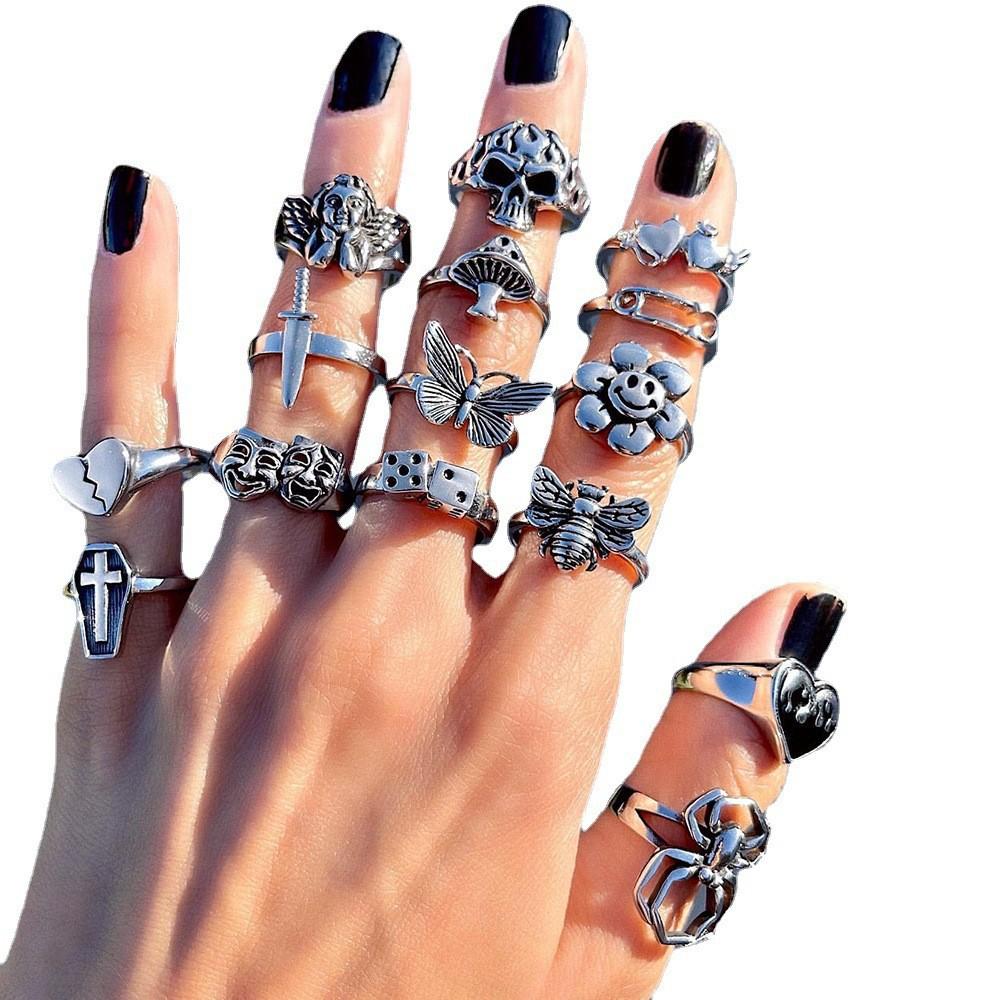 iF ME Punk Gothic Angel Fairy Rings Set for Women Men Retro Silver Plated Butterfly Heart Charm Finger Ring Jewelry