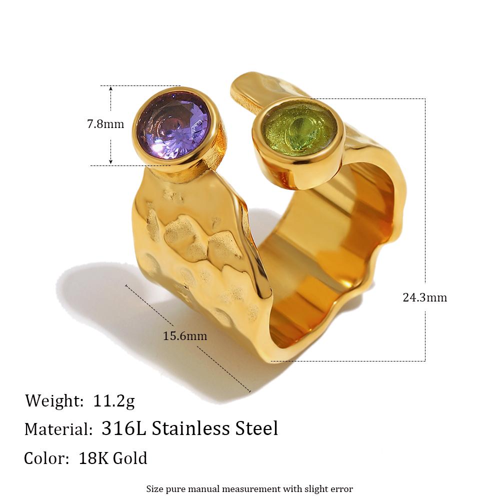 

MamacitaSlay 316L Stainless Steel Hammered Texture Asymmetric Zircon Ring 18K Gold Plated Waterproof Vintage Jewelry For Women 6 золотой