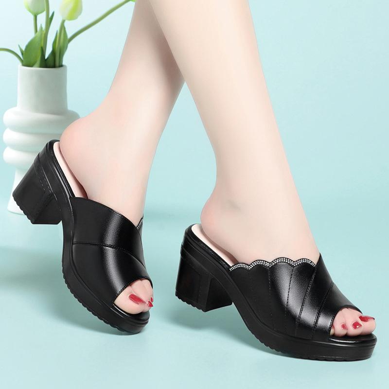 8cm Elegant Comfortable Thick Bottom Soft Leather Slippers Platform Shoes 2025 Summer Women's Block High Heels Slides Office Mom