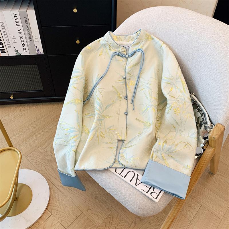 Retro Frog Button Jacquard Jacket: Elegant Plus Size Top for Spring Women Small