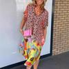 Leopard Print Patchwork Dresses Women V-neck Short Sleeves Pocket Loose Slit Midi Dress