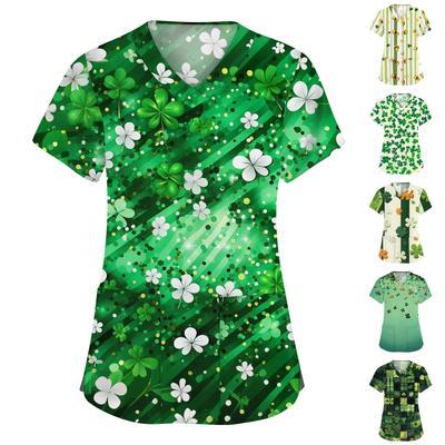 Women's Fashion V-neck Short Sleeve Workwear With Pockets Printed Tops