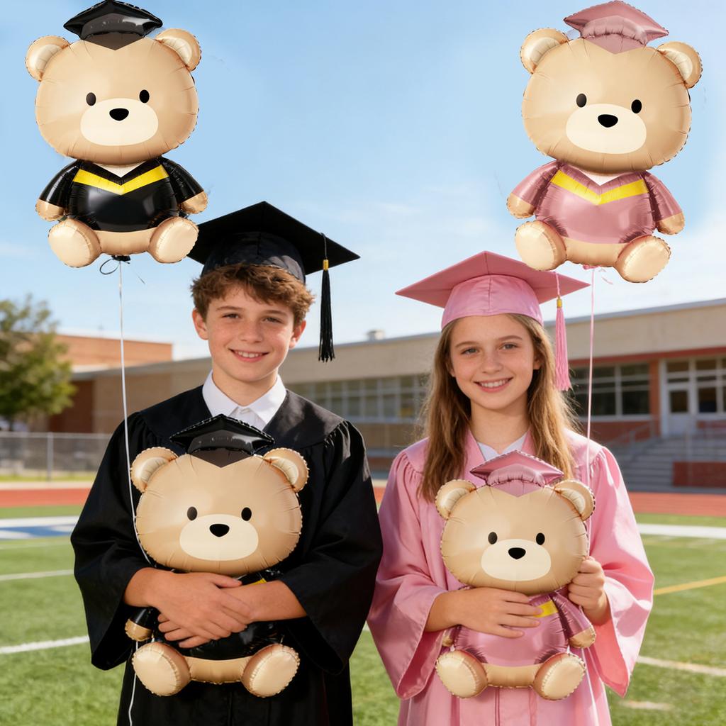 2Pcs/set Graduation Bear Foil Balloons Cute Doctoral Cap Pink Bear Balloons Graduation Ceremony Back-to-School Party Decorations