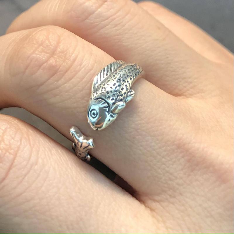 Niche Simple Fish Shaped Ring Distressed Gold Vintage Adjustable Ring Silver Alloy Retro Open Ring Unisex