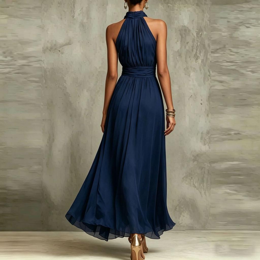 Halter Neck Solid Chiffon Ruched Waist Pleated Flowy Long Gown Sheer Split Hem Elegant Slim Fit Beach Vacation Wedding Guest Formal Evening Sundress