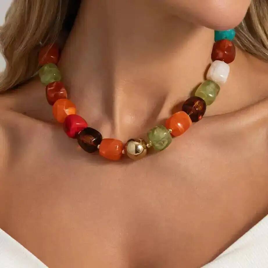 IngeSight.Z Y2K Bohemia Colorful Square Resin Beaded Necklaces Women Temperament Charm Statement Clavicle Chain Banquet Jewelry