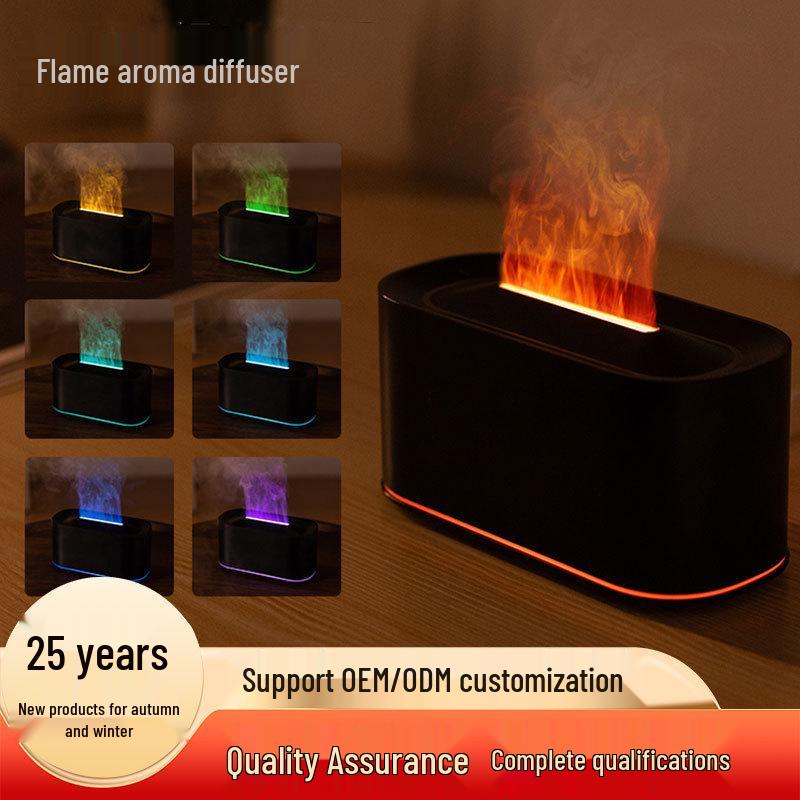 Flame Aromatherapy USB Diffuser with Wood Grain & Seven-Color LED Atmosphere Lamp