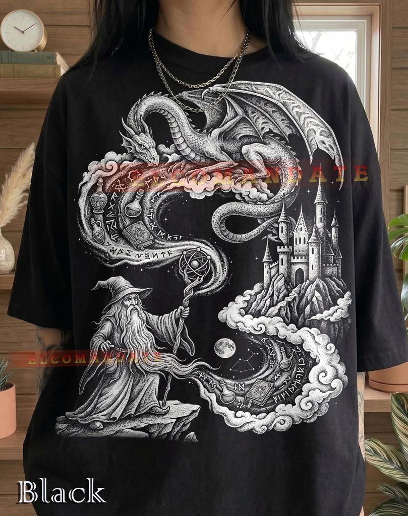 Wizard Dragon Magic Castle Sorcerer Comfort Colors® Tshirt, Spells Potions Runes Mythical Creatures Dark Fantasy Art Alchemy Vintage Tee