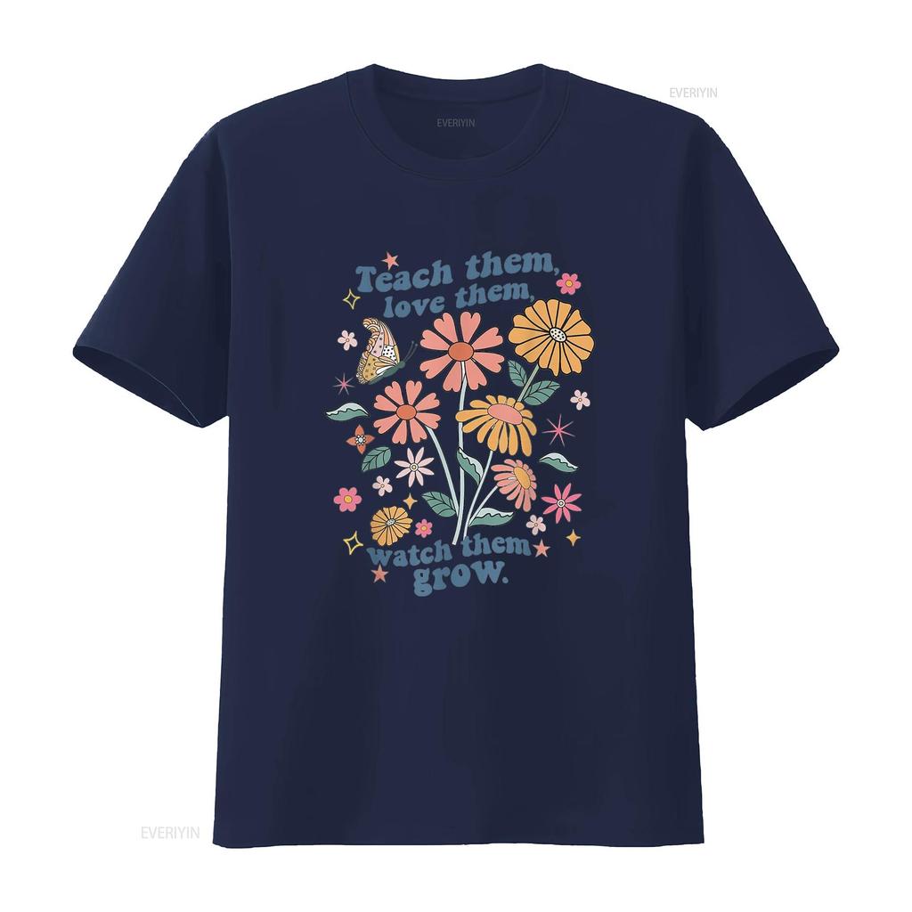 Teach Them Love Watch Grow Retro Teacher Floral T Shirt White vintage Washed graphic homme Unisex designer clothes Comfortable