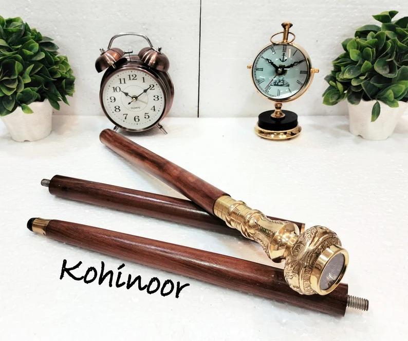 Personalized Engraved Brass Handle Walking Cane with Compass - Foldable