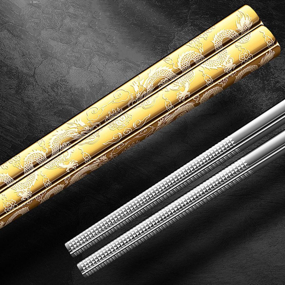 5 Pairs Mold-resistant Stainless Steel Dragon Patter Chopsticks Sushi Chopsticks  Home