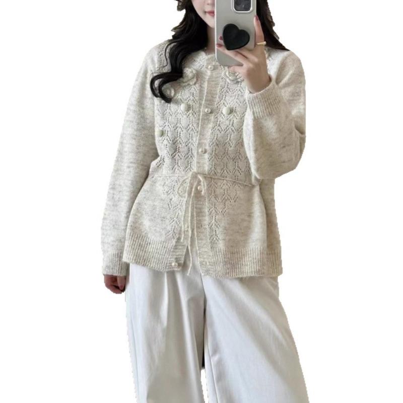 Heavy industry three-dimensional flower knitted cardigan autumn and winter new crochet hollow waist thin sweater jacket top