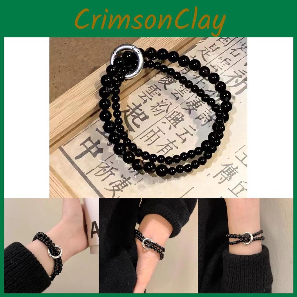 Elegant Black Beaded Bracelet For Men And Women With Handmade Alloy Double Circle Design