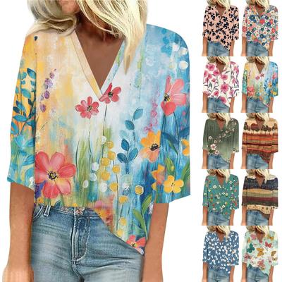 Women's Shirt Blouse Casual Loose Shirts 3/4 Sleeve Print V Neck Tops Print Tops T-shirts Tee