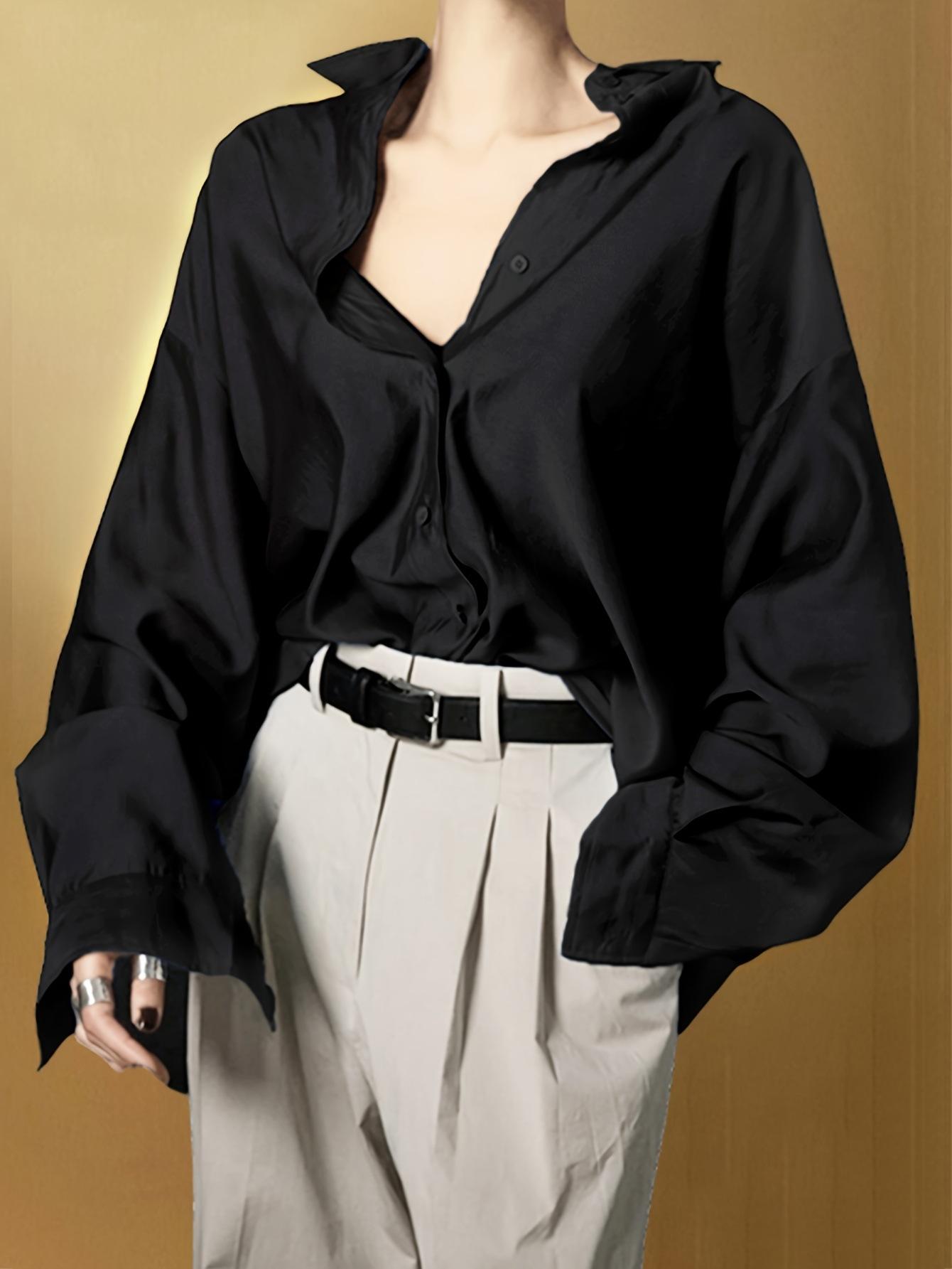 Cross-border Amazon, solid color simple lapel shirt women s autumn 2025 new casual drape long-sleeved top S чёрный