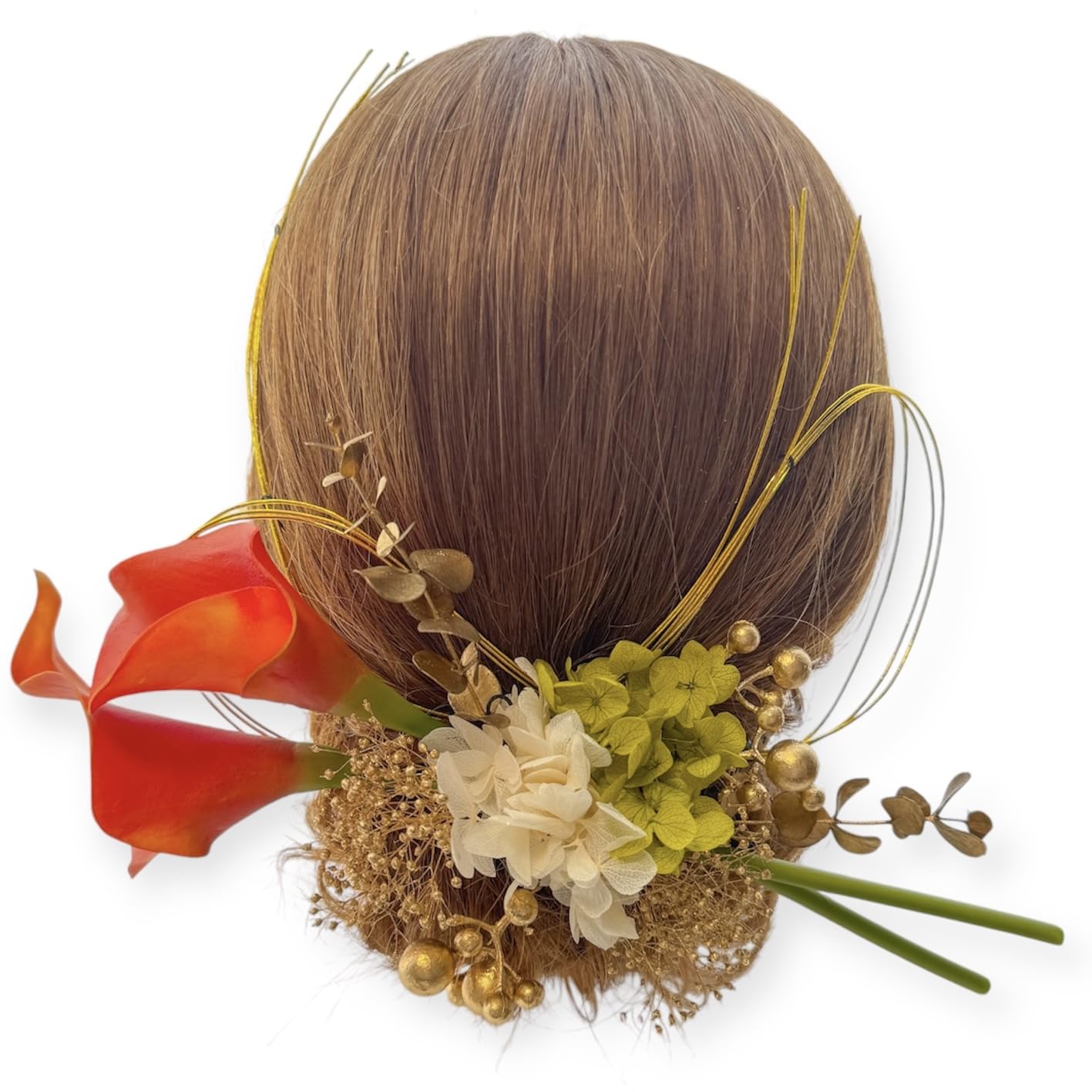 

Calla Lily Orange Hair Ornament, Dried Flower, Mizuhiki (decorative cord), Gold Leaf, for Coming-of-Age Ceremony, Traditional Japanese Attire,