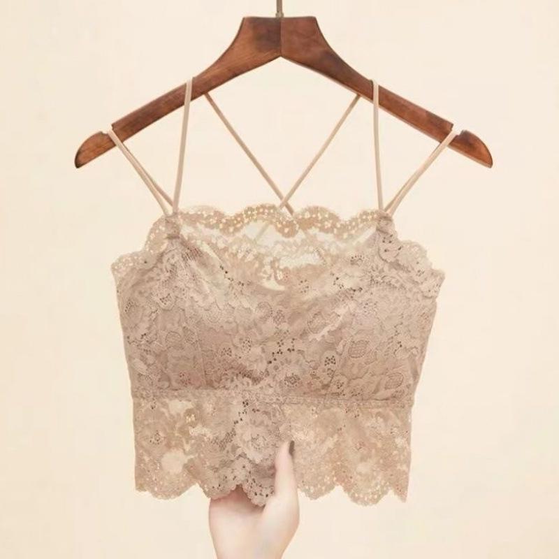 Lace Camisole Bustier Top with Strapless Back, Chest Pads, Wire-Free Push-Up, Anti-Exposure Design for Young Girls