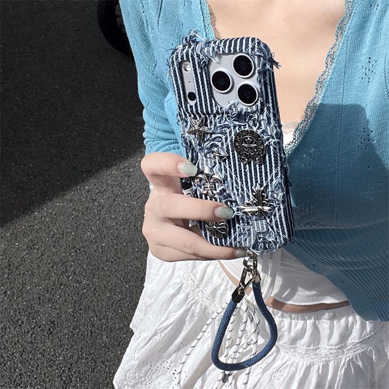 Punk Gestreifte Denim Hülle für iPhone 17/16 Pro Max/15/14 - Einzigartiger Stil