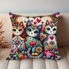 1Pc Boho Vibrant Cat & Floral Print Peach Fuzz Velvet Pillow Cover Soft Plush Texture | Hidden Zipper & Machine Washable