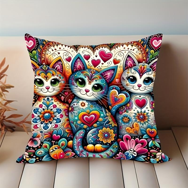 1Pc Boho Vibrant Cat & Floral Print Peach Fuzz Velvet Pillow Cover Soft Plush Texture | Hidden Zipper & Machine Washable