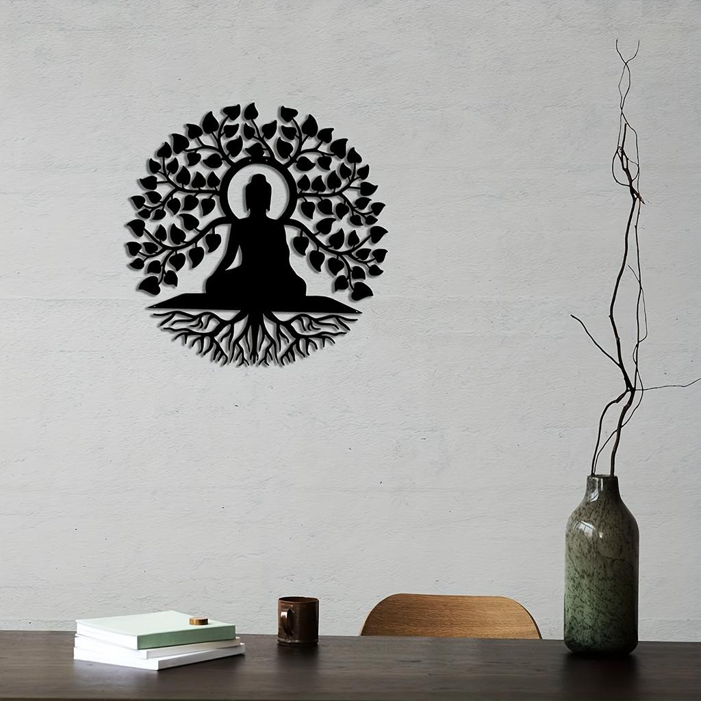 1ks Kovové nástěnné umění Strom života Buddha, Černá nástěnná dekorace Strom života, Socha Buddhy Mandala Meditace Jóga Zenová místnost Dekor