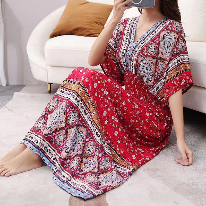 Ethnic Style V-neck Cotton and Silk Short-sleeved Beach Dress Thailand Travel Dress Summer Print Vacation Floral Skirt