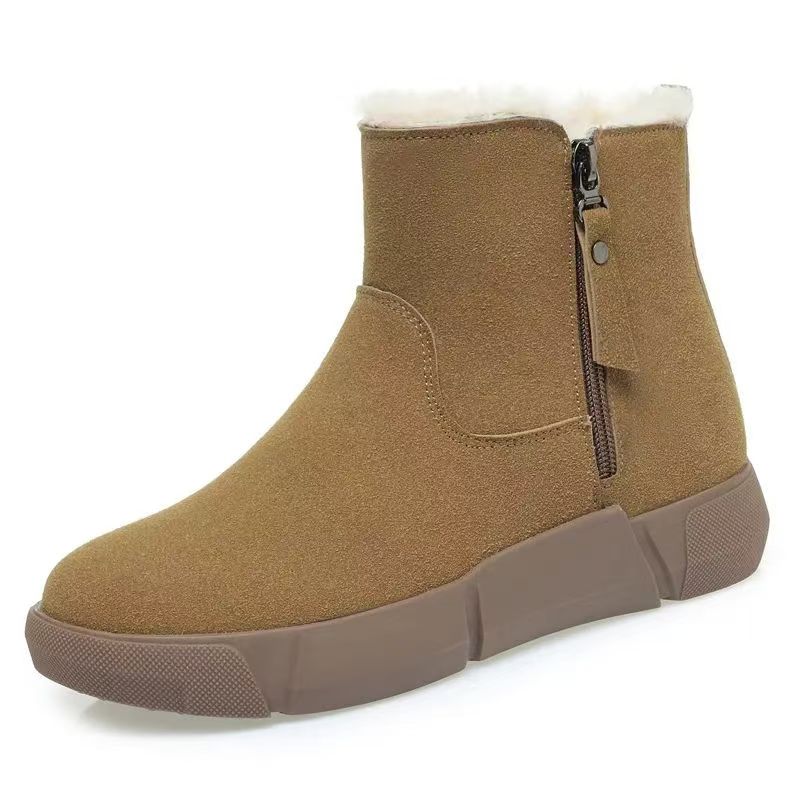 New Winter Women's Leather High Top Flat Sole Wool Boots Soft Sole Non Slip Plush Warm Round Toe Snow Boots Zipper Cotton Boots
